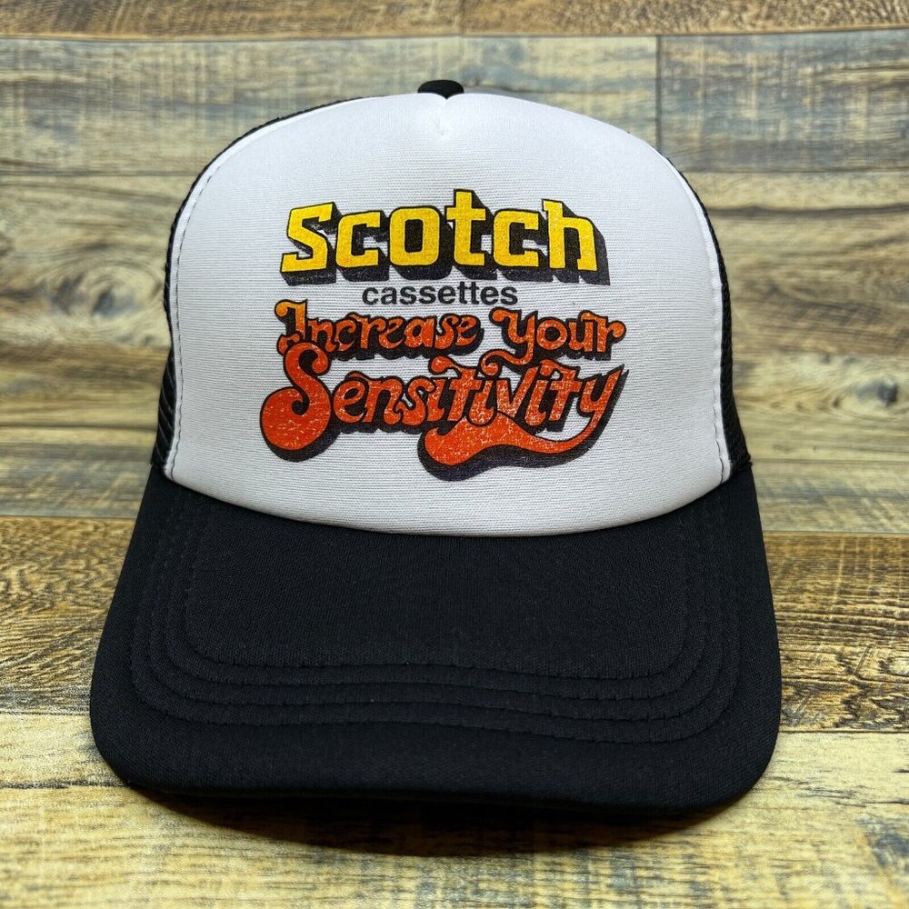 Vintage Inspired Scotch Cassette Unisex Trucker Hat Black Throwback Ad Ball Cap